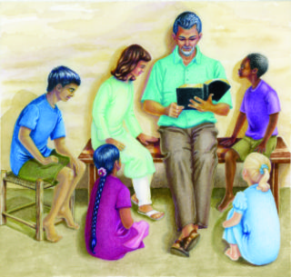 Reading the Bible to children.